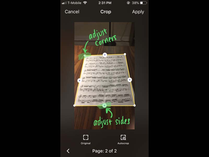 Yellow lines appear around the document to adjust boundaries