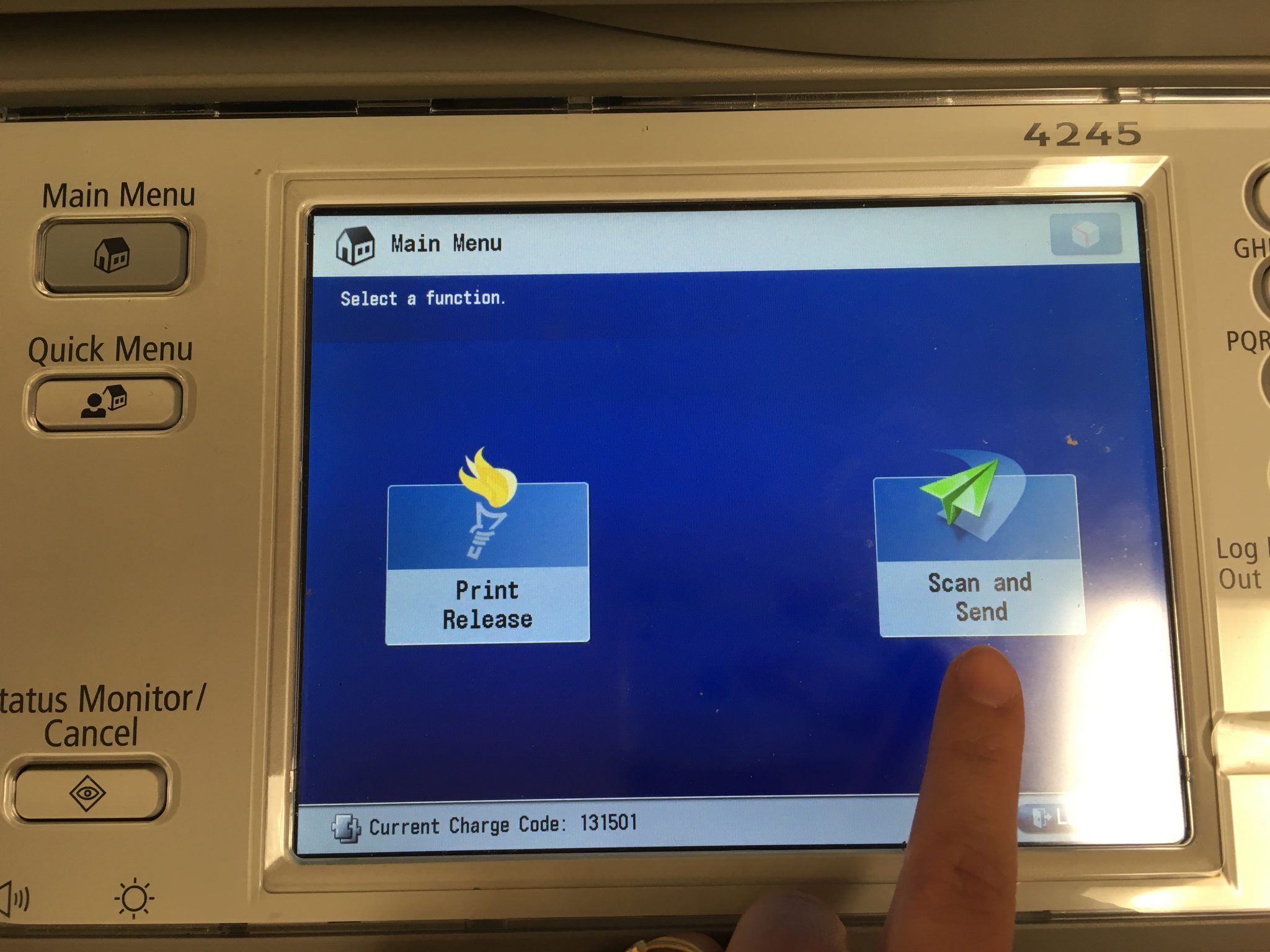 Printer interface, main menu screen