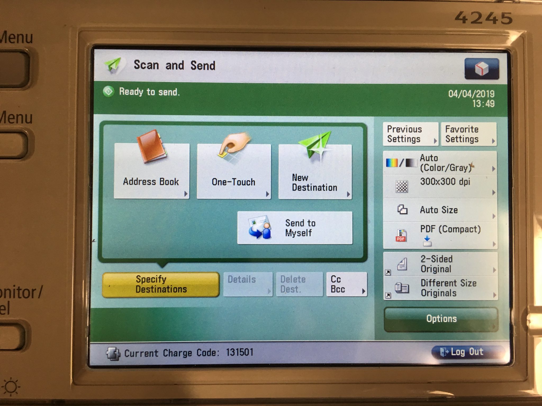 Printer interface, scan and send screen
