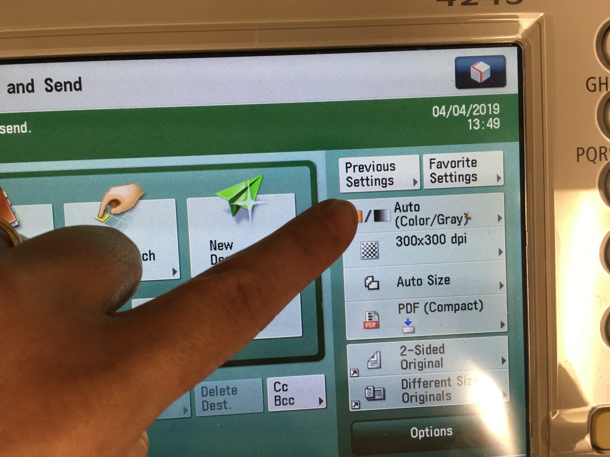 Printer interface, scan and send screen