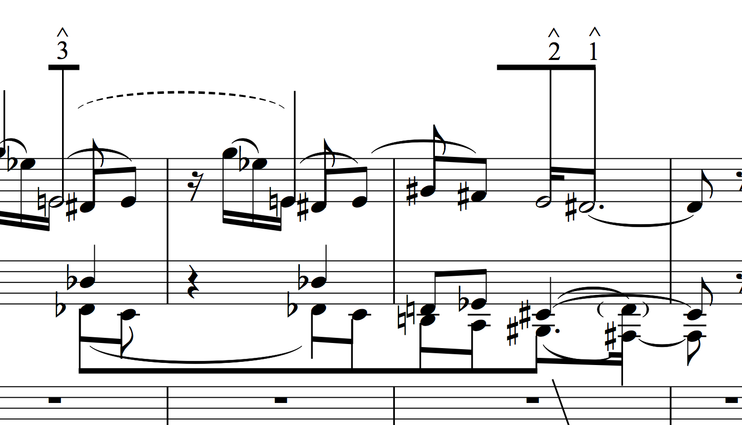 An excerpt from a Schenkerian analysis of a Stravinsky piece